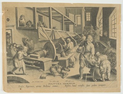 Politura Armorum, Polishing Arms, plate 17 fra serien Nova Reperta, Modern Discoveries, ca. 1588 (gravering) av Hans the younger Collaert