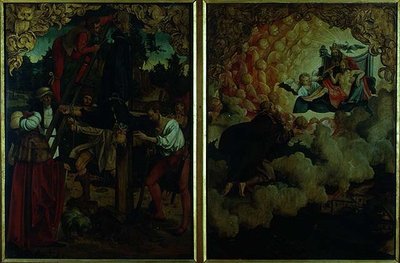Historier om S.S Peter og Paul altertavle: detalj som viser LtoR Crucifixion of St. Peter, St. Paul Ascending into Heaven (olje på panel) (detalj) av Hans von Klumbach