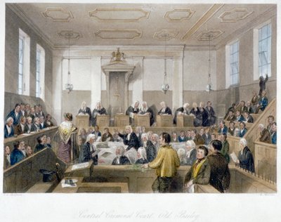 Inne i Central Criminal Court, Old Bailey, med en domstol i møte, City of London, 1840 av Harden Sidney Melville