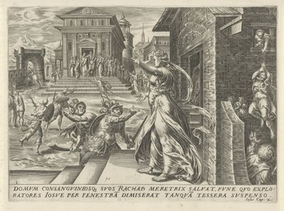Rahab lar spionene rømme gjennom vinduet The History of Joshua (serietittel) av Harmen Jansz Muller