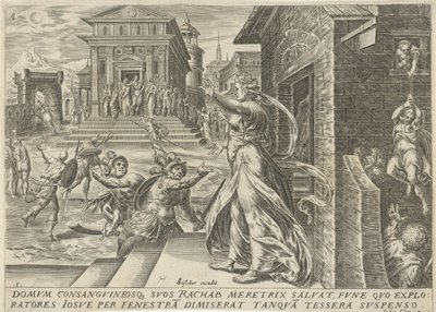 Rahab lar spionene rømme gjennom vinduet The History of Joshua (serietittel) av Harmen Jansz Muller