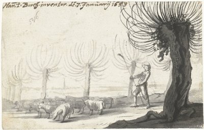 Hyrde med stav, stående ved siden av sauer og vier av Harmen ter Borch