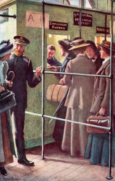Ankomst til Quebec av et parti av kvinnelige immigranter ledet av Frelsesarmeen av Harold Copping