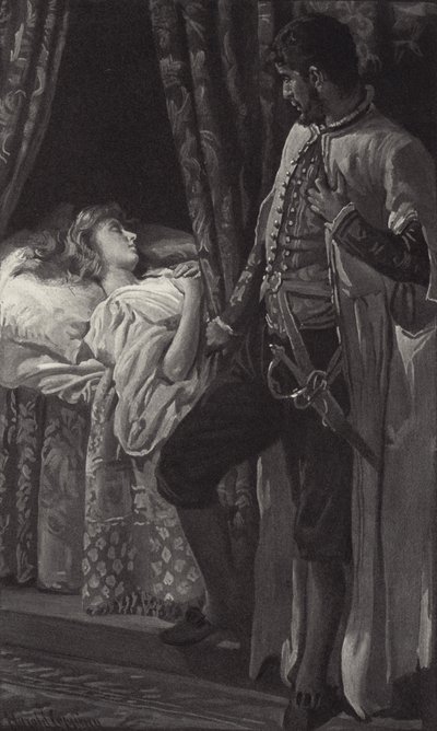 Men da han så henne sove, tenkte han at han ikke ville utgyte blodet hennes, og heller ikke få arr på den hvite huden? av Harold Copping