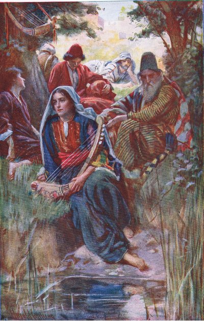 Ved elvene i Babylon, illustrasjon fra Pictures That Teach The Crown Series, 1920 av Harold Copping
