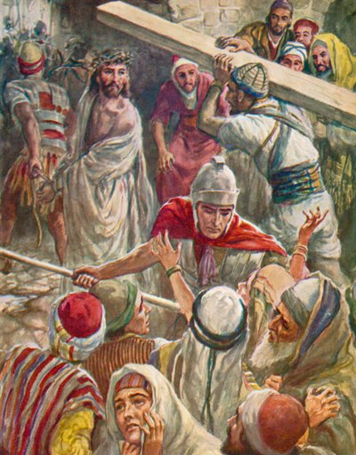 Han bar korset for Jesus, Matteus, 27, 32 (fargelitografi) av Harold Copping