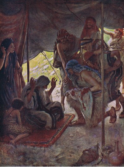 Josephs frakk brakt til Jacob, illustrasjon fra Pictures That Teach The Crown Series, 1920 av Harold Copping
