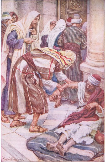 Peter og Jacob ved den vakre porten, illustrasjon fra Pictures That Teach The Crown Series, 1920 av Harold Copping