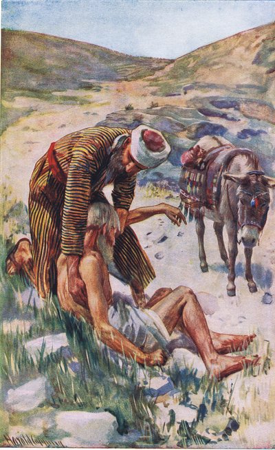 Den barmhjertige samaritan, illustrasjon fra Harold Copping Pictures: The Crown Series, ca. 1920-tallet av Harold Copping