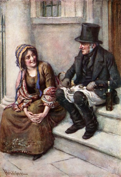 Trotty Veck og datteren Meg (farge litho) av Harold Copping