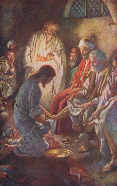 Vasking av disiplenes føtter, illustrasjon fra Harold Copping Pictures: The Crown Series, ca. 1920-tallet av Harold Copping