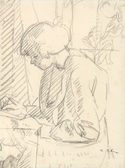 En jente som skriver (svart kritt på papir) av Harold Gilman