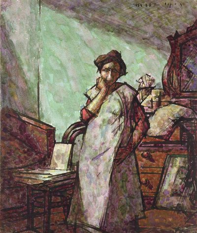 Interiør med fru Mounter i en overall, 1. desember 1918 av Harold Gilman
