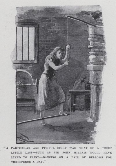"Et spesielt og ynkelig syn var det av en søt liten jente, slik som Sir John Millais ville ha likt å male, danse på et par belg for tre pence om dagen" (s/h-bilde) av Harold Hume Piffard