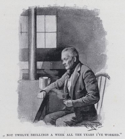 "Ikke tolv shilling i uken alle årene jeg har jobbet" (s/hvitt-bilde) av Harold Hume Piffard