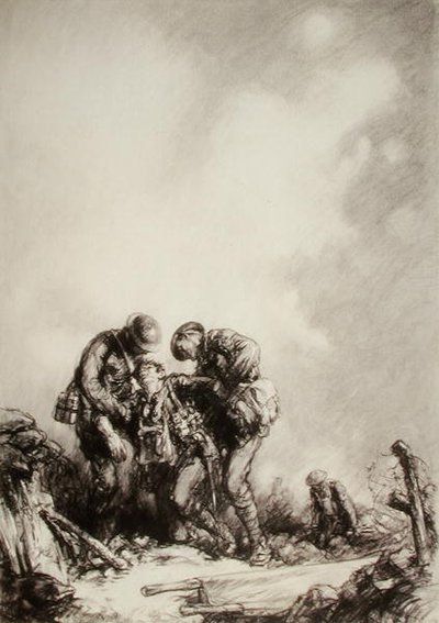 Stretcher Bearers (pencil on paper)   1410251   no       norwegian Successfully Translated  Original: The World Disposing of Justice, from The Unrestrained World, plate 1, 1550. Translat: The World Disposing of Justice, from The Unrestrained World, plate 1 av Harold James Mowat