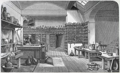 Michael Faraday (1791-1867) i kjellerlaboratoriet hans, fra Henry Bence Jones 