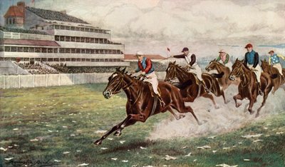 Isinglass Winning the Derby (farge litho) av Harrington Bird