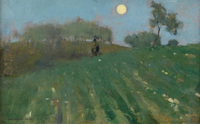 Ut for spasertur, fullmåne (Olje på panel) av Harrington Mann