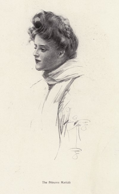 En karakter, grevinne Frina Mavrodin fra romanen, The Princess Moritza, av Percy Brebner (litho) av Harrison Fisher