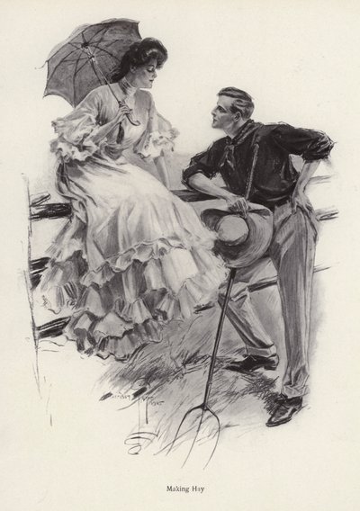 En bonde tar en pause i arbeidet sitt for å flørte med en ung kvinne (litho) av Harrison Fisher