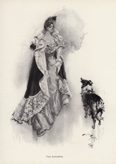 En ung kvinne som går ut på kvelden og ber hunden sin om å adlyde instruksjoner (litho) av Harrison Fisher