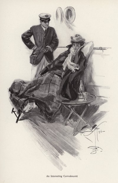 Kaptein om bord på et skip snakker med en kvinne som er rekonvalesent (litho) av Harrison Fisher