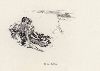 Par i en romantisk omfavnelse i en bunker på golfbanen (litho) av Harrison Fisher