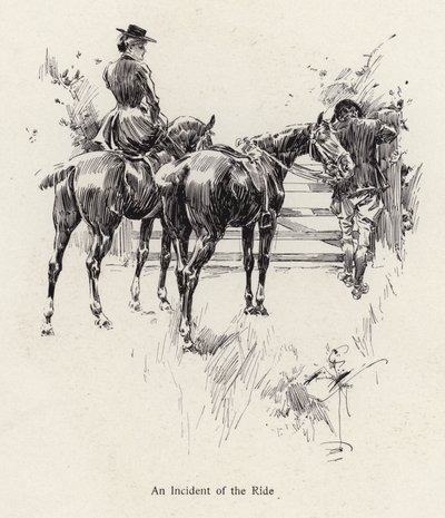 Ryttere stopper for å åpne en port (litho) av Harrison Fisher