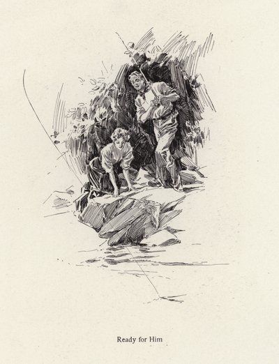 Mann og kvinne som fisker i en elv eller bekk (litho) av Harrison Fisher