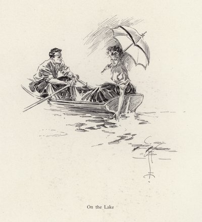 Mann og kvinne i en robåt på sjøen (litho) av Harrison Fisher