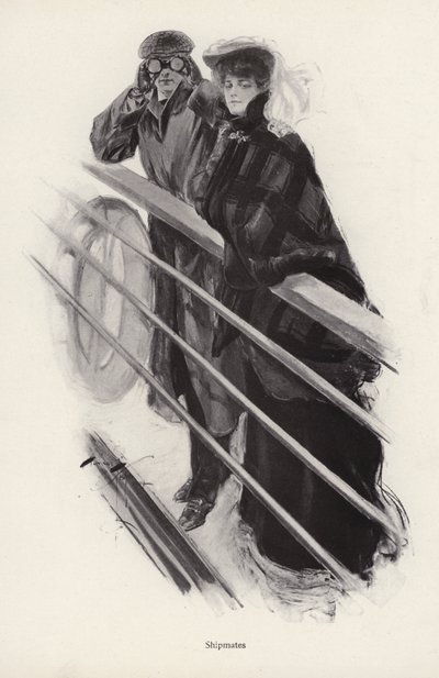 Mann og kvinne ser ut over rekkverket til et skip (litho) av Harrison Fisher