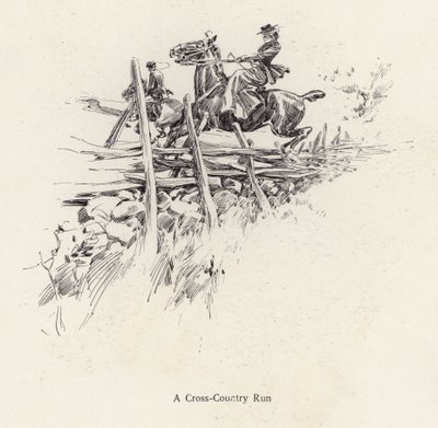 Mann og kvinne på hesteryggen under et terrengløp (litho) av Harrison Fisher