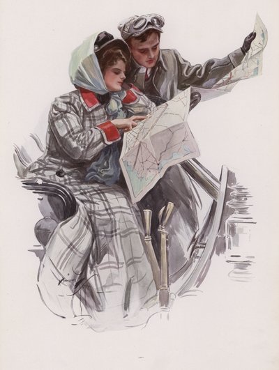 Mann og kvinne leser et kart i en bil (farge litho) av Harrison Fisher