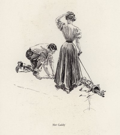 Mann caddiing for en kvinne på golfbanen (litho) av Harrison Fisher