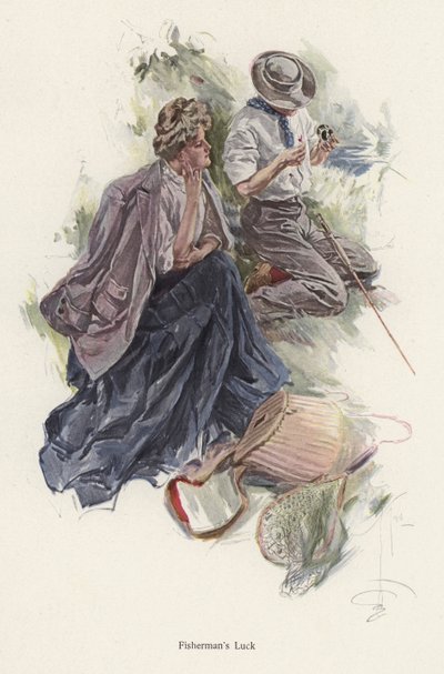 Mann fisker på en elvebredd mens en kvinne ser på (farge litho) av Harrison Fisher