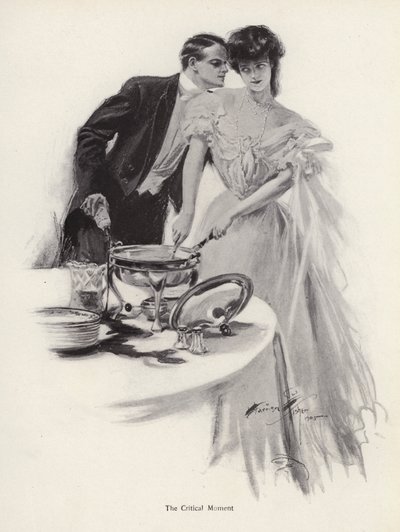 Mann flørter med en kvinne over middagsbordet (litho) av Harrison Fisher