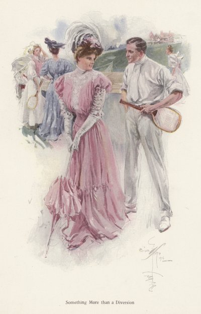 Mann avbryter tennisspillet for å snakke med en ung kvinne (farge litho) av Harrison Fisher