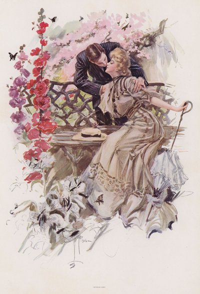Mann kysser en kvinne i en hage (farge litho) av Harrison Fisher