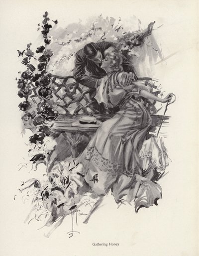 Mann kysser en kvinne i en hage (litho) av Harrison Fisher
