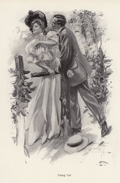 Mann prøver å stjele et kyss fra en ung kvinne (litho) av Harrison Fisher