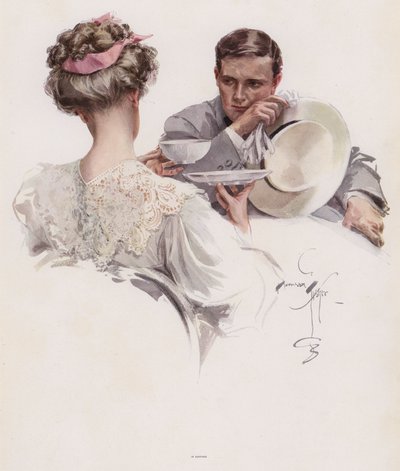 Mann som venter på at en kvinne skal betro en hemmelighet til ham (farge litho) av Harrison Fisher