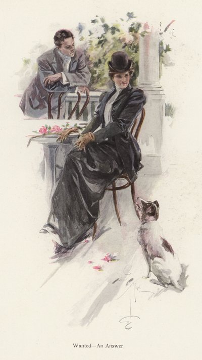 Mann venter på svar fra en ung kvinne (farge litho) av Harrison Fisher