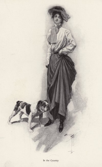 Portrett av en kvinne kledd for landsbygda med sin bulldog (litho) av Harrison Fisher