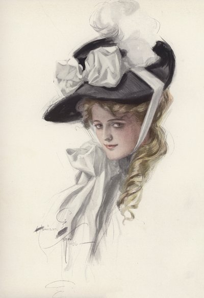 Portrett av en kvinne i en fancy hatt (farge litho) av Harrison Fisher