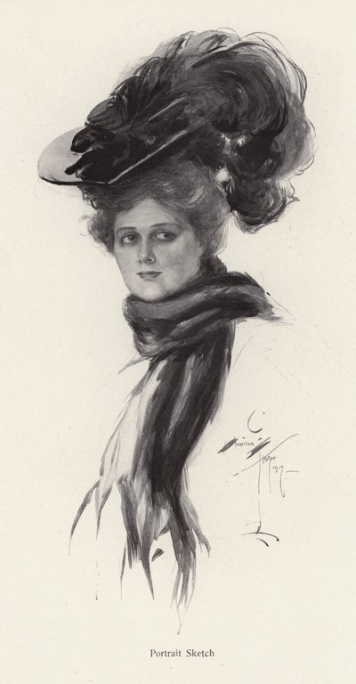 Portrett av en kvinne i en stor hatt (litho) av Harrison Fisher