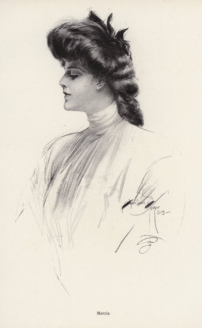 Portrett av en kvinne ved navn Marcia (litho) av Harrison Fisher