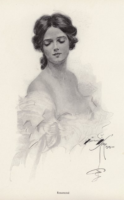 Portrett av en kvinne ved navn Rosamond (litho) av Harrison Fisher