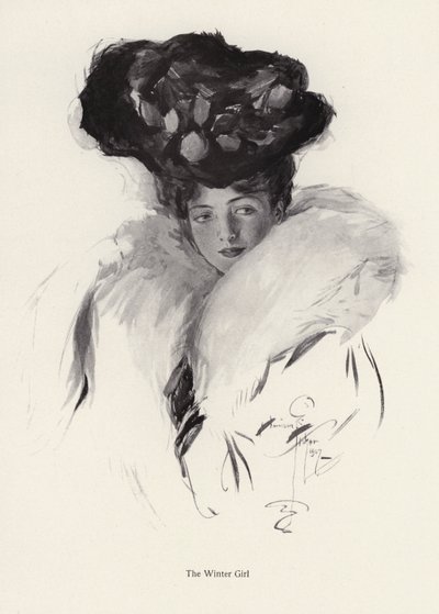 Portrett av en ung kvinne i hatt og pels (litho) av Harrison Fisher