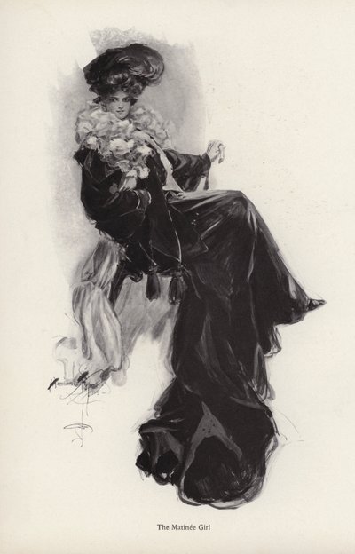 Portrett av en ung kvinne i en lang frakk og kjole (litho) av Harrison Fisher
